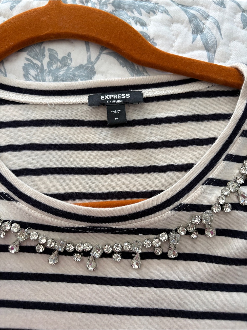 Express Striped Crewneck Tee with Crystal Trim